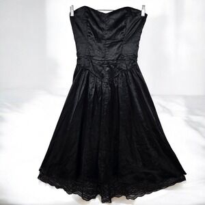 Vintage Katie MFG Black‎ Corset Dress Strapless Lace Trim Woman 11-12 Union Made
